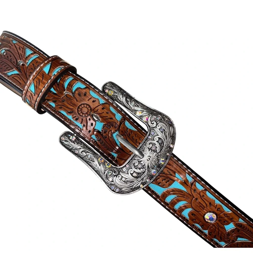 Western Floral Tooled Belt Turquoise Accents Rhinestone Buckle‎ Brown Cowgirl